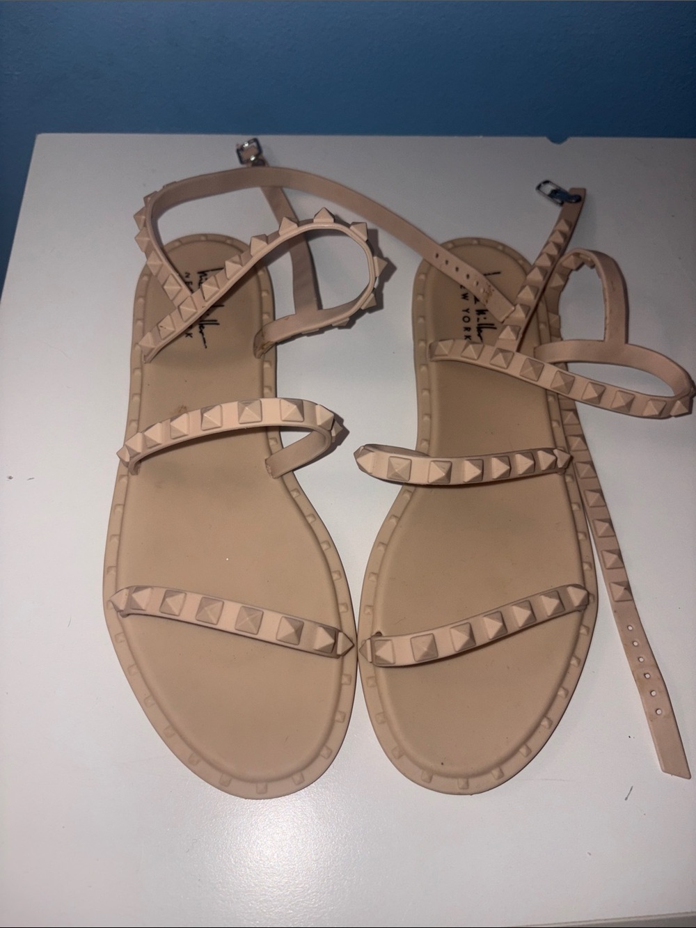 Studded Strappy Flat Sandals in Nude